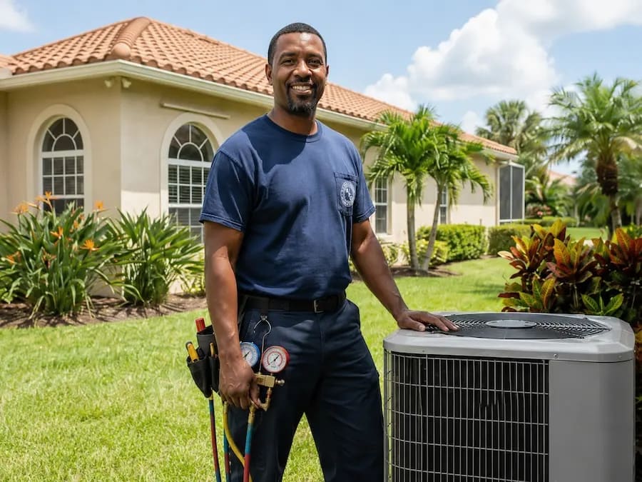 HVAC technician in a navy shirt stands beside an outdoor air conditioner unit in a sunny suburban yard, toolkit in hand.
