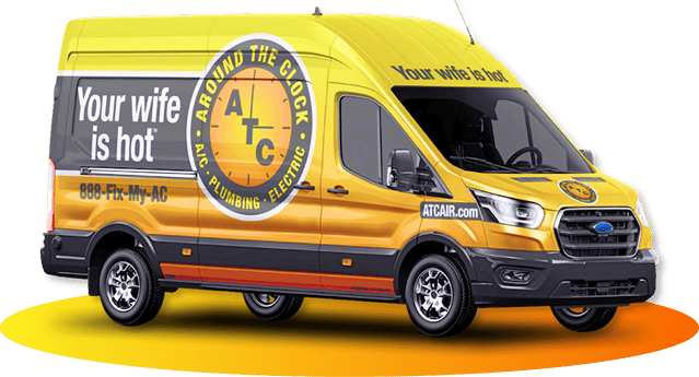 Yellow service van advertising ATC with a circular 'Around the Clock' logo, slogan 'Your wife is hot', and contact info on a yellow/orange shadow.