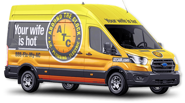 Yellow ATC Plumbing van with round logo and the slogan 'Your wife is hot' on the side panel, advertising 24/7 plumbing and electrical services.