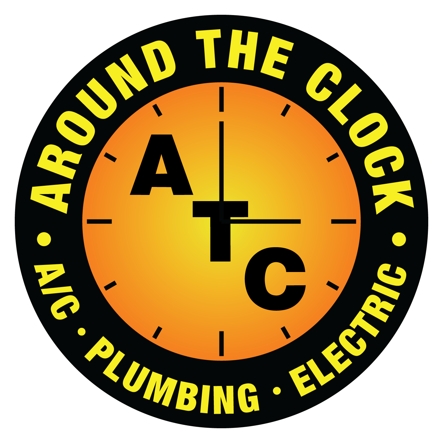 Circular logo with an orange gradient clock face and black hands, surrounded by yellow text reading 'AROUND THE CLOCK' and 'PLUMBING • ELECTRICAL' on a black background